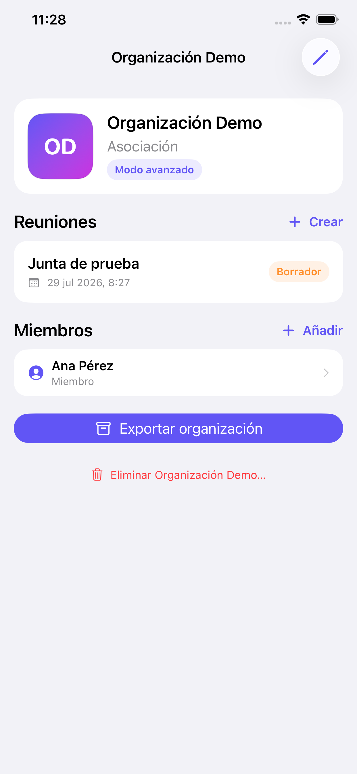Pantalla de reuniones de Actary