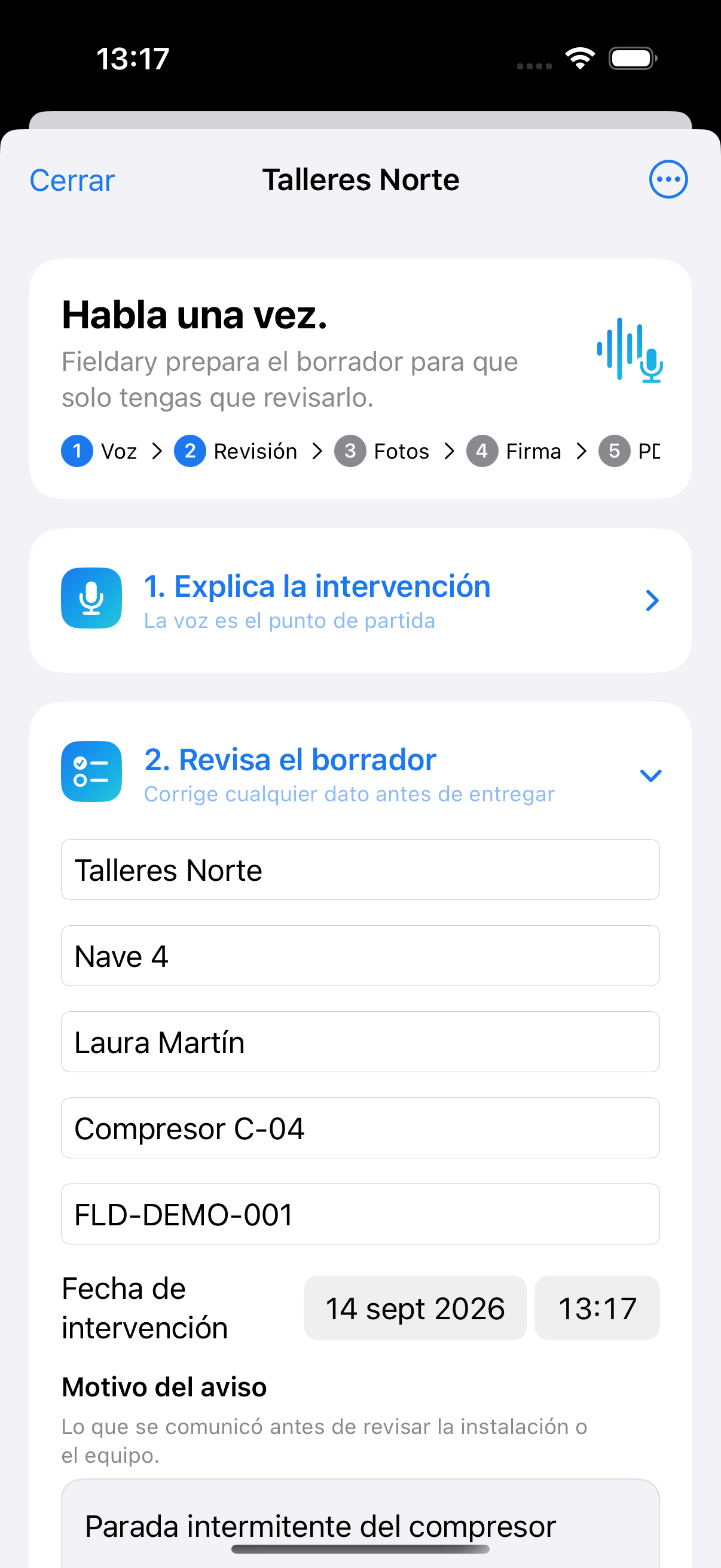 Parte editable de Fieldary con datos ficticios